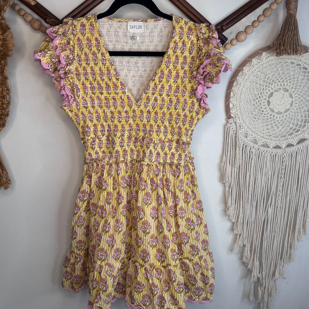 Saylor Ottessea Yellow Pink Floral Smocked Mini Dress
